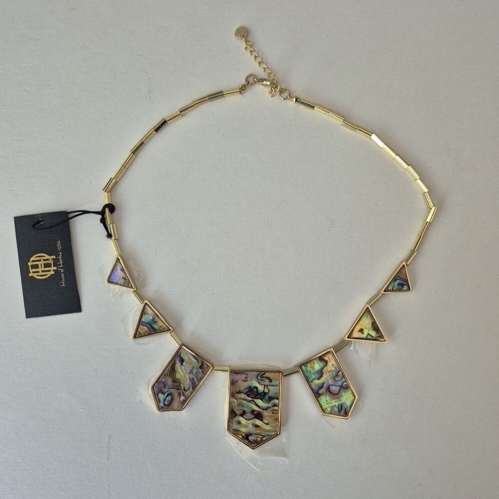 House Of Harlow 1960 14K Gold Plated Abalone 7 Station Collar Style Necklace